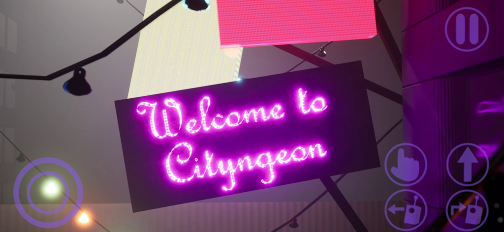A pink neon sign reading Welcome to Cityngeon in Garten of Banban 7
