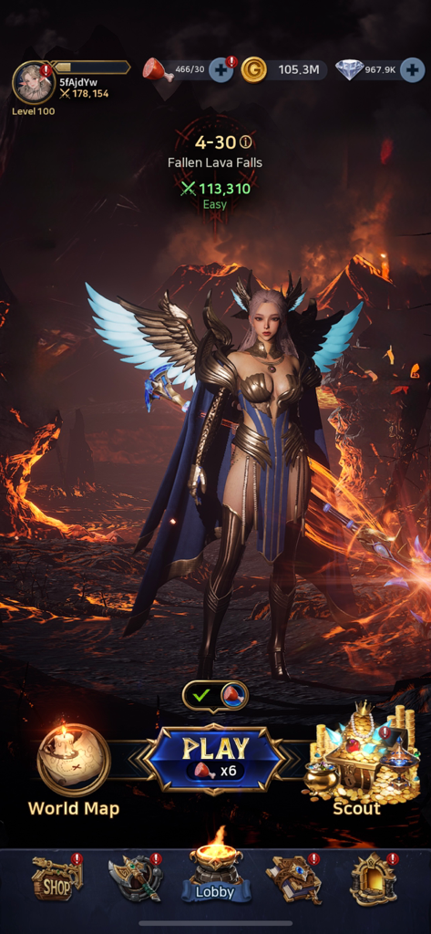 VALHALLA SURVIVAL - A legendary winged hero in the character lobby of Valhalla Survival with a volcanic lava background