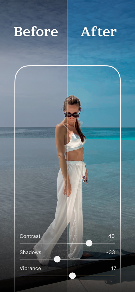 Comparaison avant/après d'une photo de plage utilisant des presets Lightroom