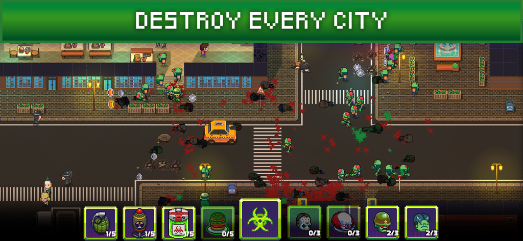 Gameplay screenshot of Infectonator 3 Apocalypse showing pixel art zombies attacking humans in a city street