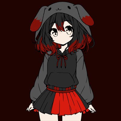 pretty anime girl wearing a fluffy hoodie with bunny ears on the hood and a skirt