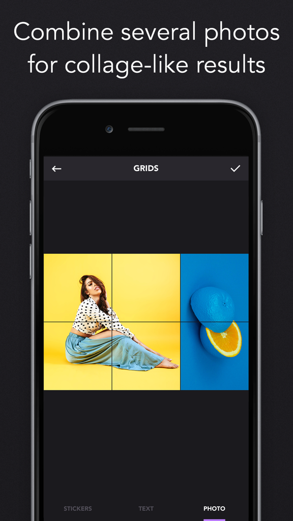 Grids – Giant Square Layout - Smartphone screen showing the Grids app interface combining multiple photos into a creative square grid layout