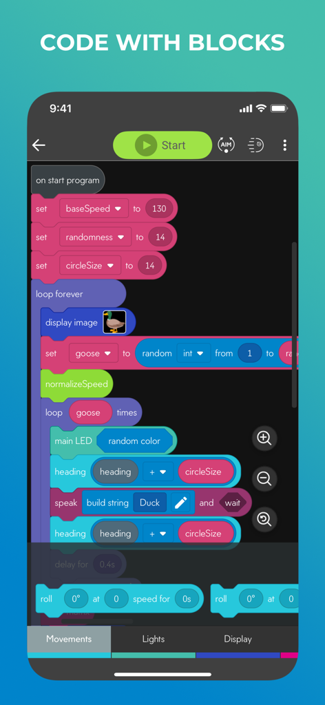 Sphero Edu - Pantalla de la aplicación Sphero Edu que muestra una interfaz de programación basada en bloques para programar robots.