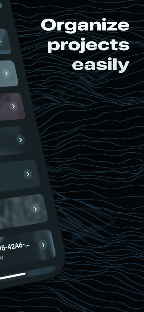 Una pantalla de aplicación móvil para BlueNote que muestra una lista temática oscura de proyectos musicales y transcripciones con el texto Organiza proyectos fácilmente.