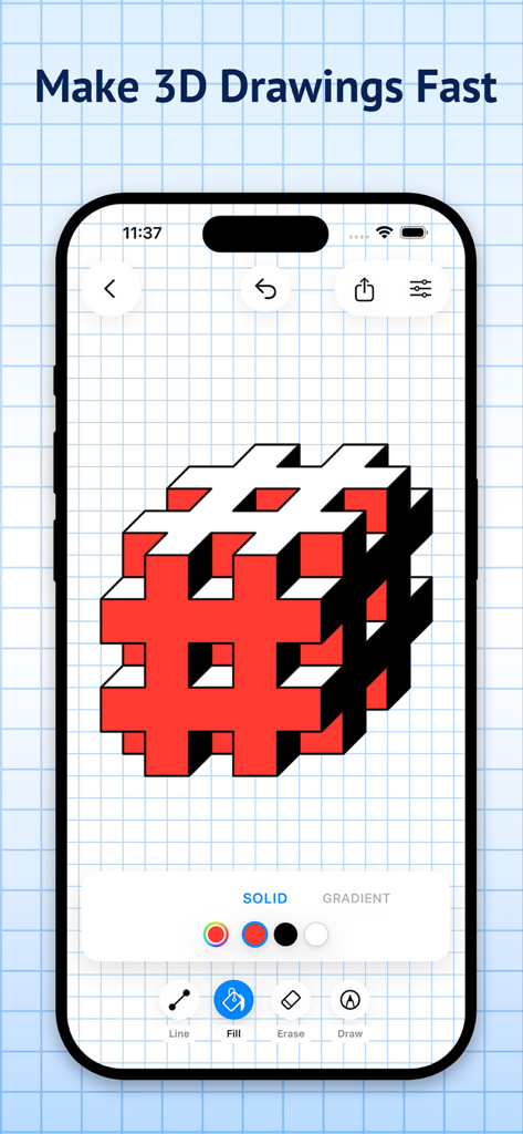 Una forma isométrica 3D roja dibujada sobre una cuadrícula de papel cuadriculado digital en la aplicación Graph Paper Pro.