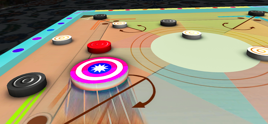 Carrom Star Pool Game - A 3D view of a carrom board with game pieces and a striker in motion.