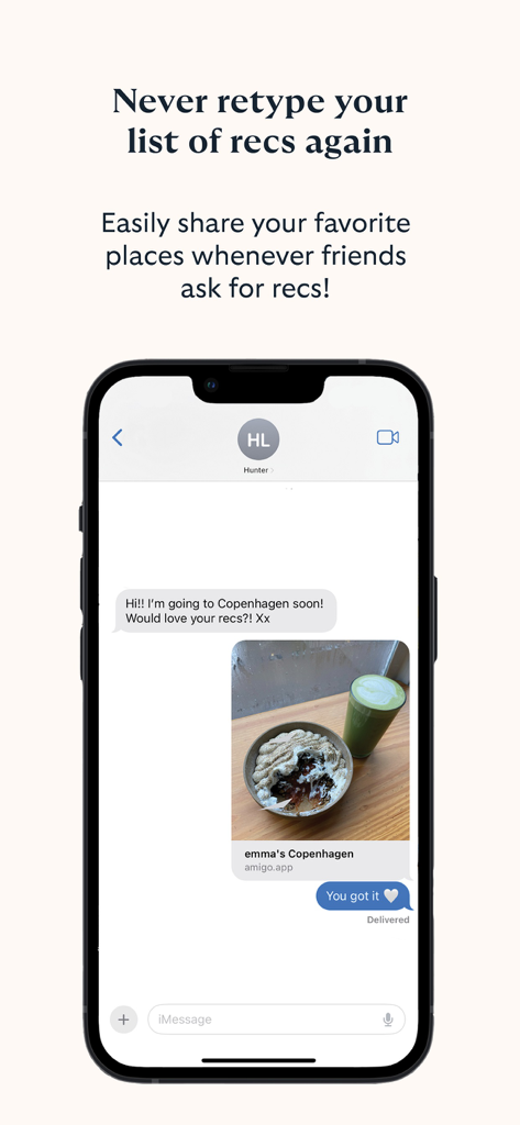 AmiGo Travel: Tips & Guides - A mobile phone screen showing how to share travel recommendations with friends using the AmiGo app