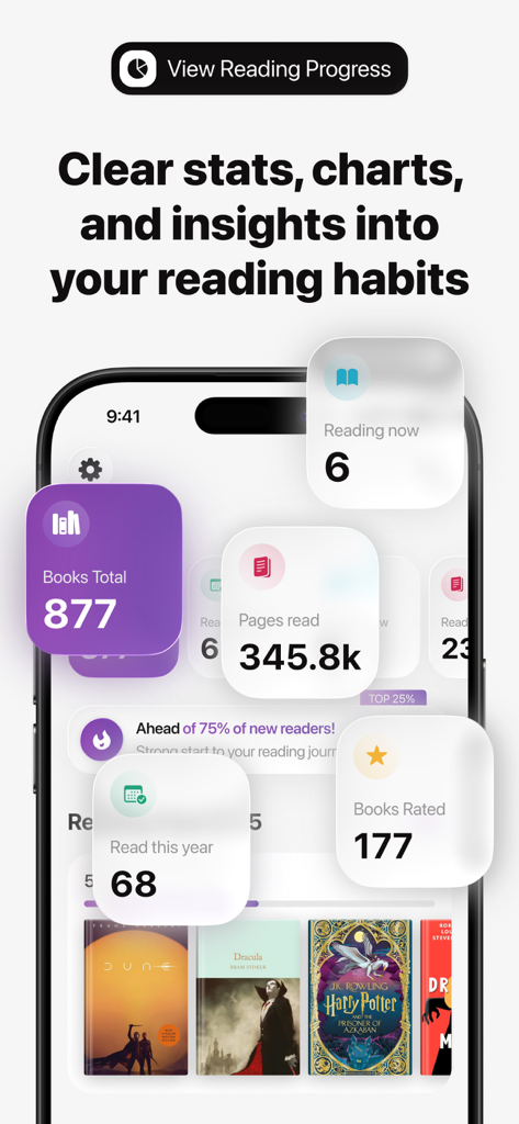 Library of me | Book tracker - Aesthetic reading dashboard in the Library of me app showing total books read pages tracked and personal reading goals