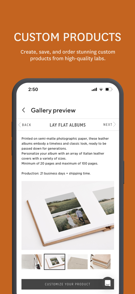 A mobile app interface displaying options for creating and ordering custom leather lay-flat photo albums.