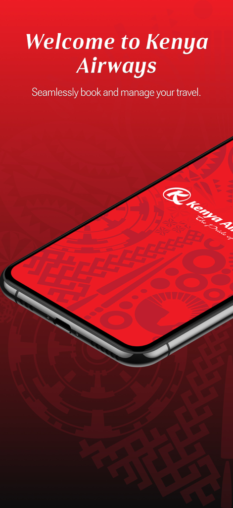 Kenya Airways - ケニア航空モバイルアプリのウェルカムスクリーン。赤い背景にアフリカの模様が施されています。