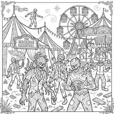 Step right up to a world where horror meets spectacle in this thrilling Mutated Zombies Carnival coloring page. Dive into a scene packed with grotesquely transformed creatures and classic fairground attractions awaiting your artistic touch.