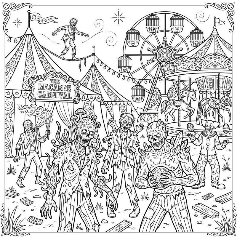 Step right up to a world where horror meets spectacle in this thrilling Mutated Zombies Carnival coloring page. Dive into a scene packed with grotesquely transformed creatures and classic fairground attractions awaiting your artistic touch.