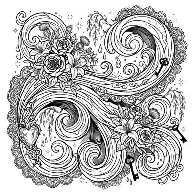 Immerse yourself in the dramatic beauty of this Gothic-inspired Mother's Day coloring page. Featuring swirling winds, delicate florals, and mysterious keys, it offers a unique artistic challenge.