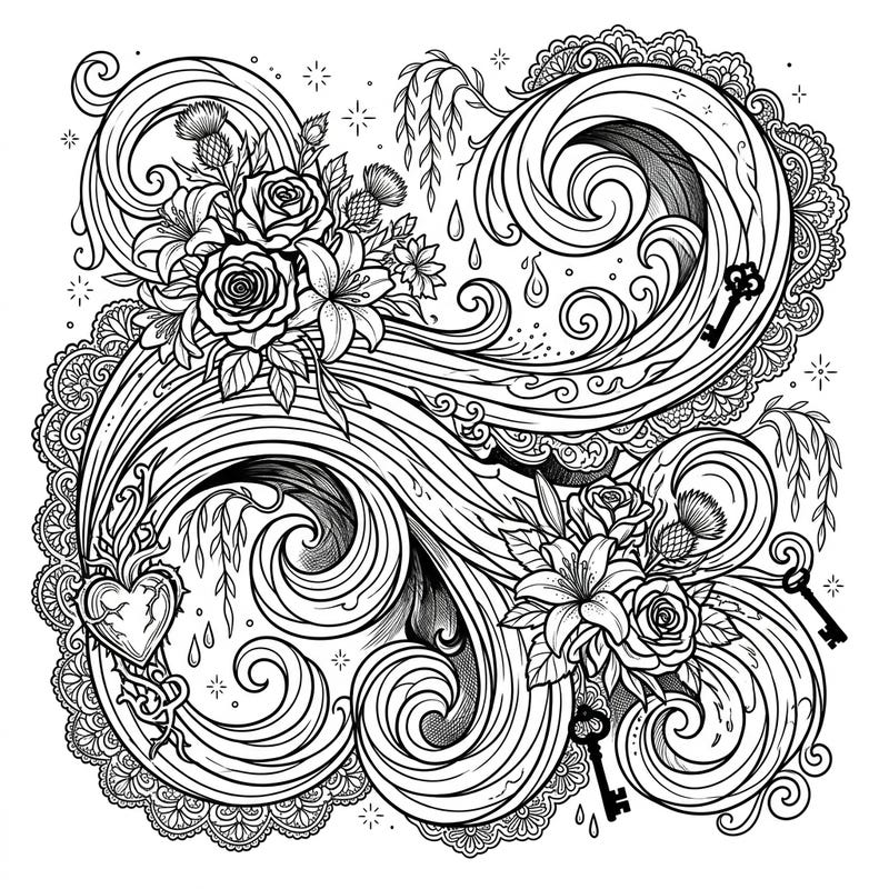 Immerse yourself in the dramatic beauty of this Gothic-inspired Mother's Day coloring page. Featuring swirling winds, delicate florals, and mysterious keys, it offers a unique artistic challenge.