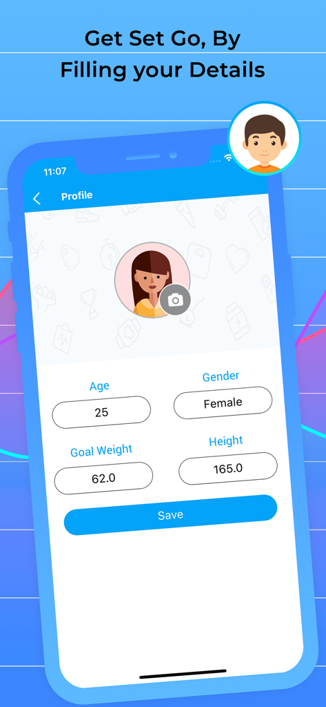 Weight Tracker & Check BMI - Profile setup screen in the Weight Tracker and BMI app for entering age, gender, goal weight, and height.