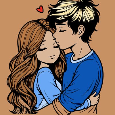 a realistic couple boy and girl hugging and kissing
