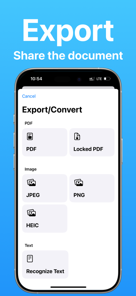 PDF: Reader, Scanner, Editor - Interfaz que muestra opciones para exportar y convertir documentos en formatos de imagen o texto PDF.