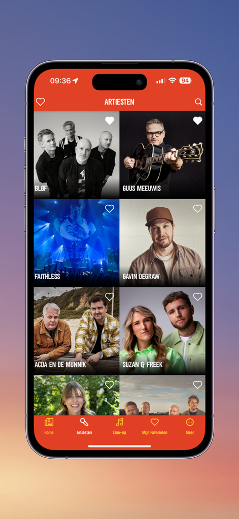 Concert at SEA 2025 - Concert at SEA 2025 app artist screen showing a grid of festival performers like BLØF and Guus Meeuwis with favorite icons
