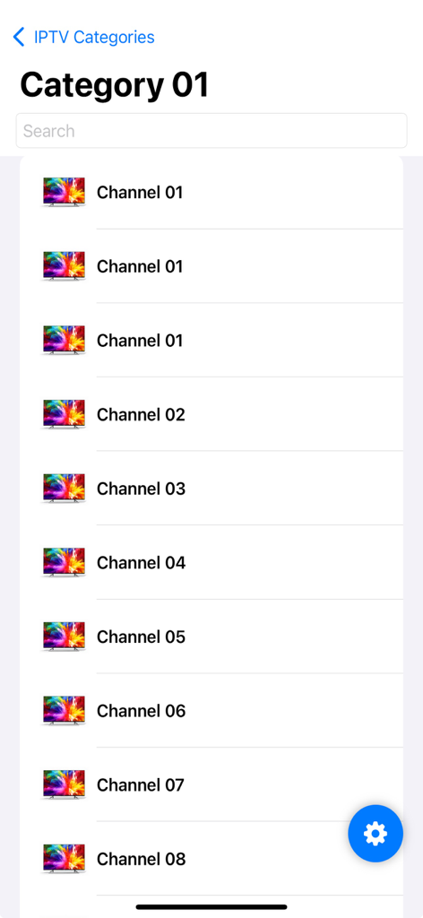 My IPTV app showing a list of television channels within a specific category