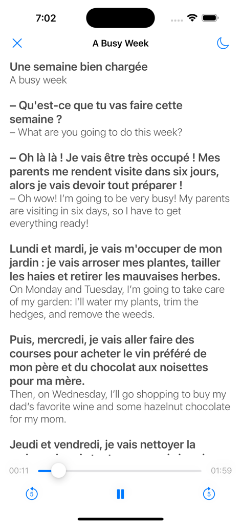 Bilingual French and English dialogue with audio player interface