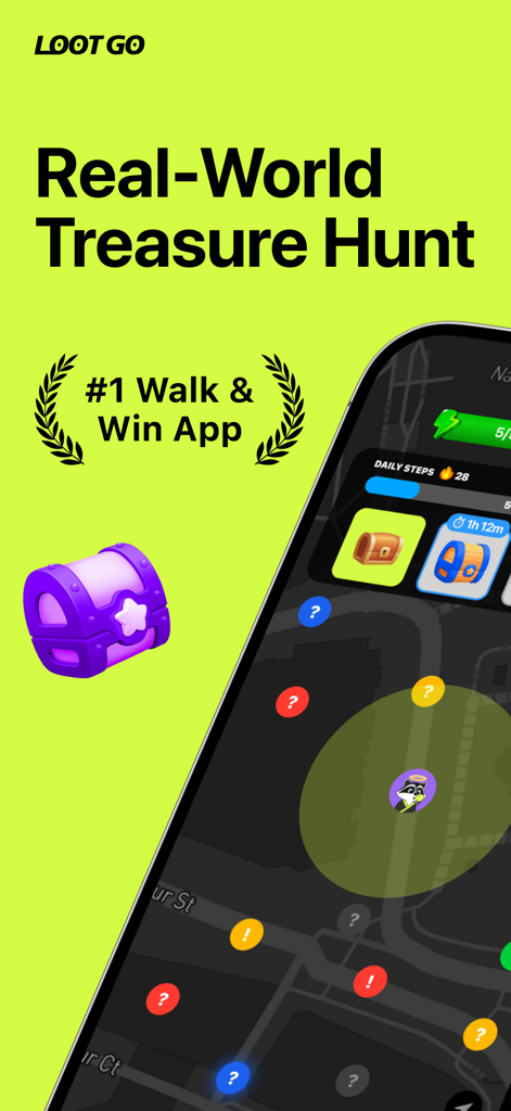 LootGO - Pantalla de la aplicación LootGO que muestra un mapa con marcadores de tesoros y un contador de pasos para recompensas al caminar