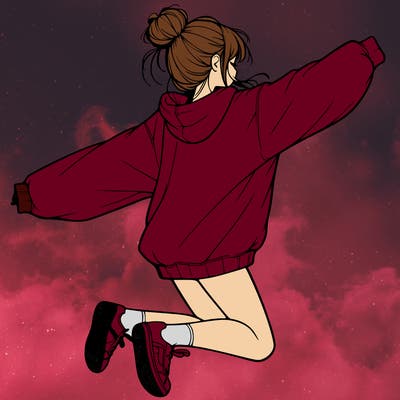 realistic girl jumping with a bun and oversized sweatshirt
