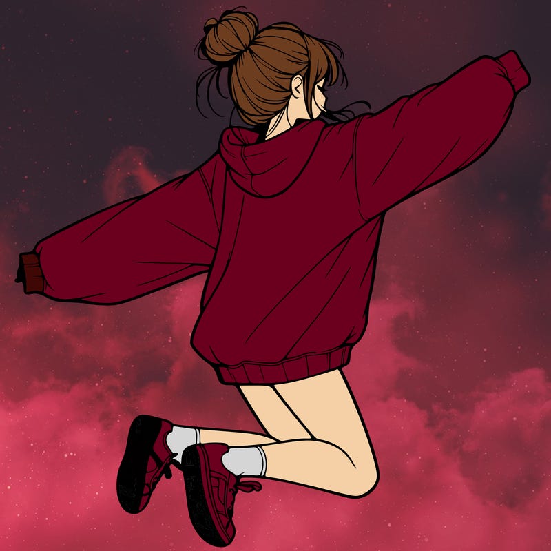 realistic girl jumping with a bun and oversized sweatshirt