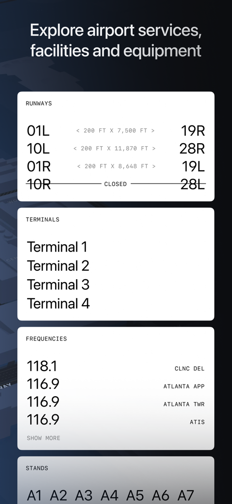 Airports. - Pantalla de datos técnicos del aeropuerto que muestra las dimensiones de la pista, terminales, frecuencias ATC y plataformas de aeronaves.