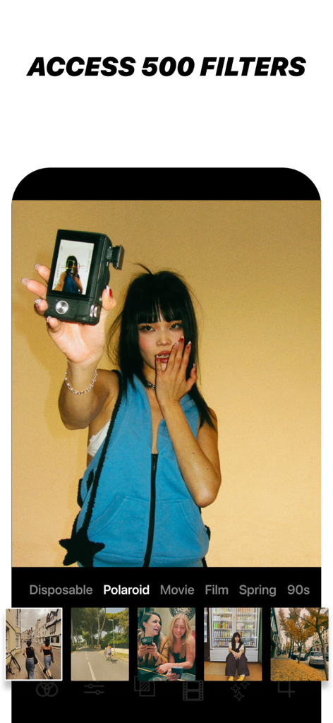 ISM app interface showing a retro selfie preview with a selection of over 500 vintage and digital camera filters including polaroid and disposable styles