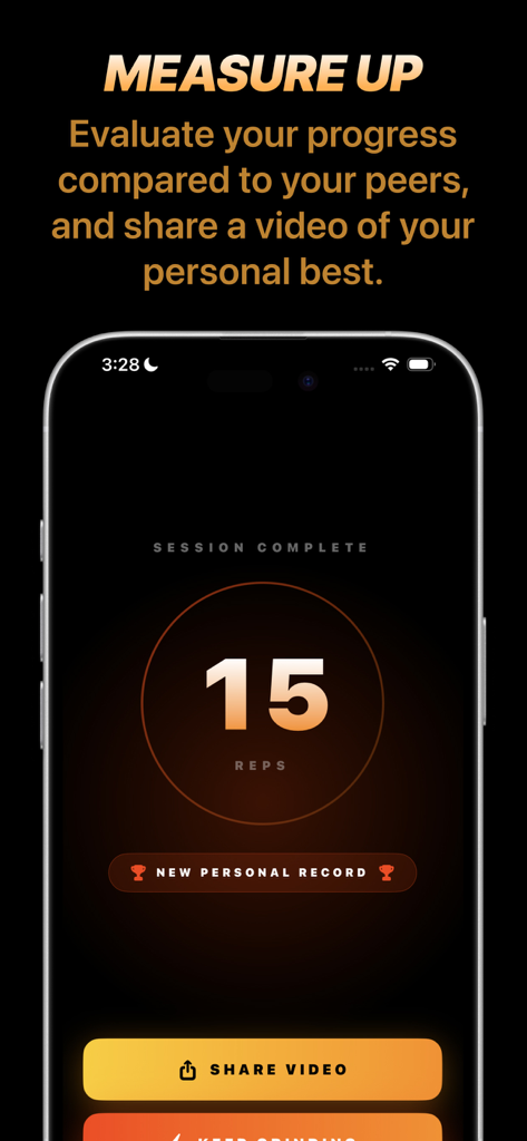 The Push Up Challenge - Mobile app screen showing a completed session with fifteen reps and a new personal record badge