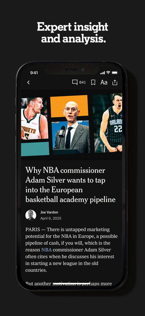 The Athletic: All Sports News - Smartphone-Bildschirm mit einem ausführlichen NBA-Artikel in der App von The Athletic.