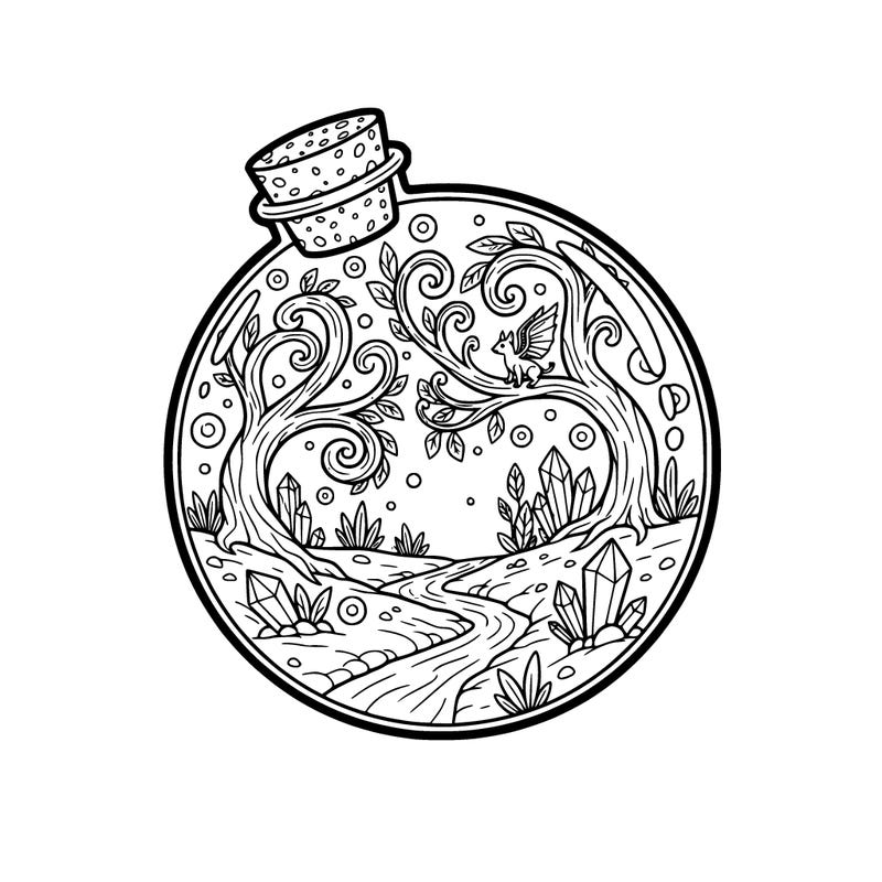 enchanted landscape enclosed in a glass bubble with a cork stopper
