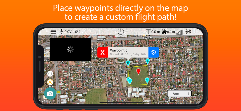 SidePilot - SidePilot app interface displaying a satellite map with numbered waypoints for planning a custom drone flight path.