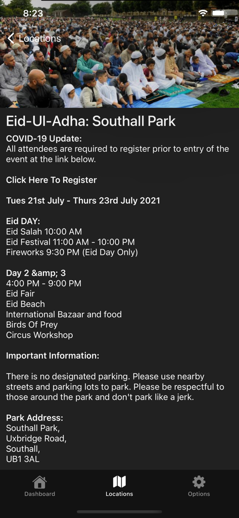 When's Eid? - Screenshot der Whens Eid App mit Festivaldetails für Eid Ul Adha im Southall Park, einschließlich Zeitplan und Adresse
