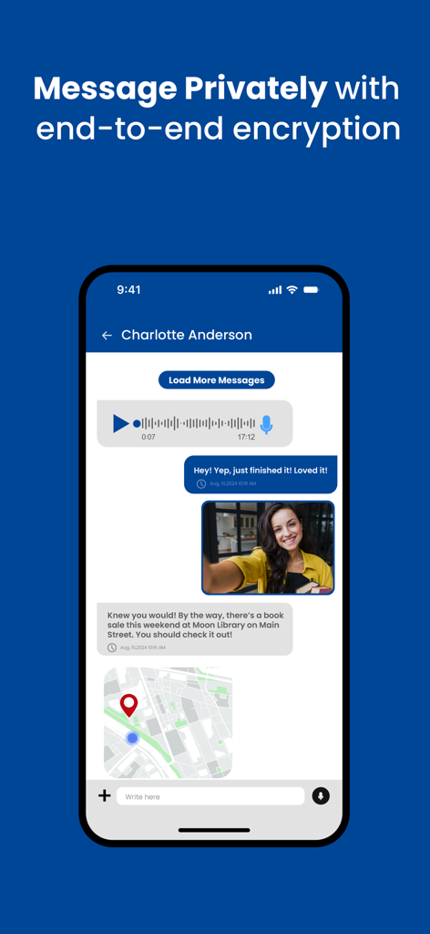 NT Connect: Calls & Messages - NT Connect app interface showing private encrypted messaging with voice notes, text, photos, and location sharing.