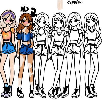a group of girls wearing crop tops and shorts