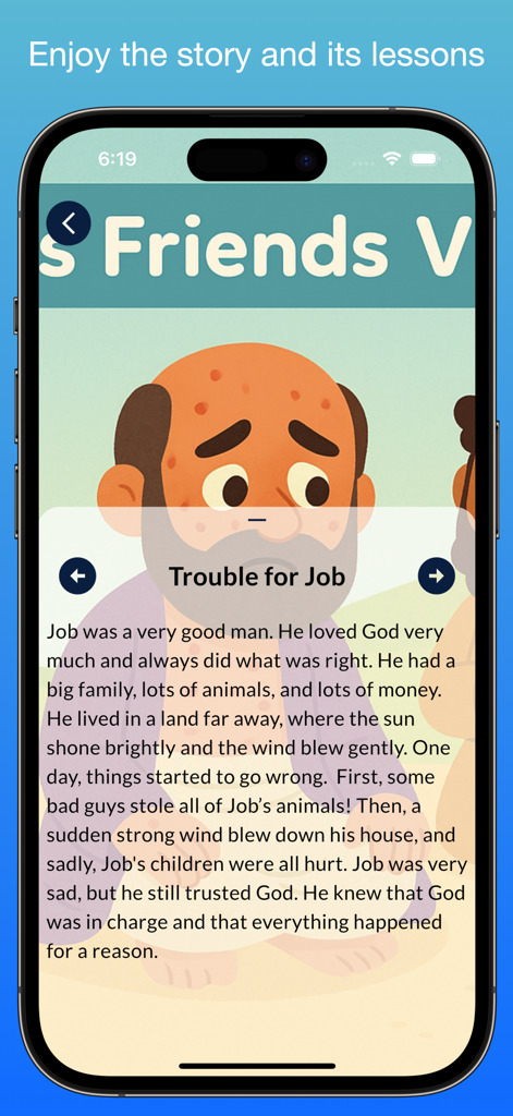 Kids Bible Stories app | Grace - Historia bíblica de Job en la aplicación infantil Grace con ilustración y texto