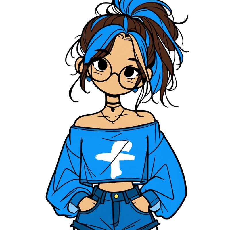 girl with a messy ponytail glasses a baggy crop top and jean shorts