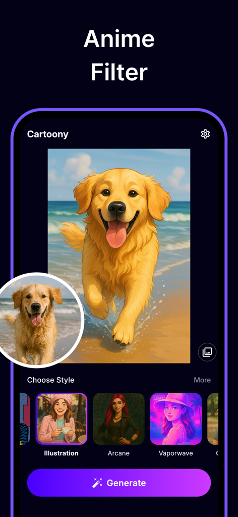 Cartoony: Cartoon Photo Editor - Una foto de un perro transformada en una ilustración de anime usando el filtro de anime de la aplicación Cartoony.