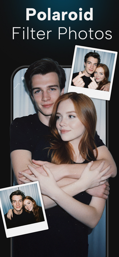 A couple photo with vintage polaroid style filters applied in the PhotoApp interface