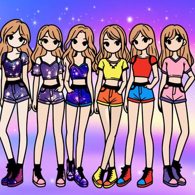 a group of girls wearing crop tops and shorts