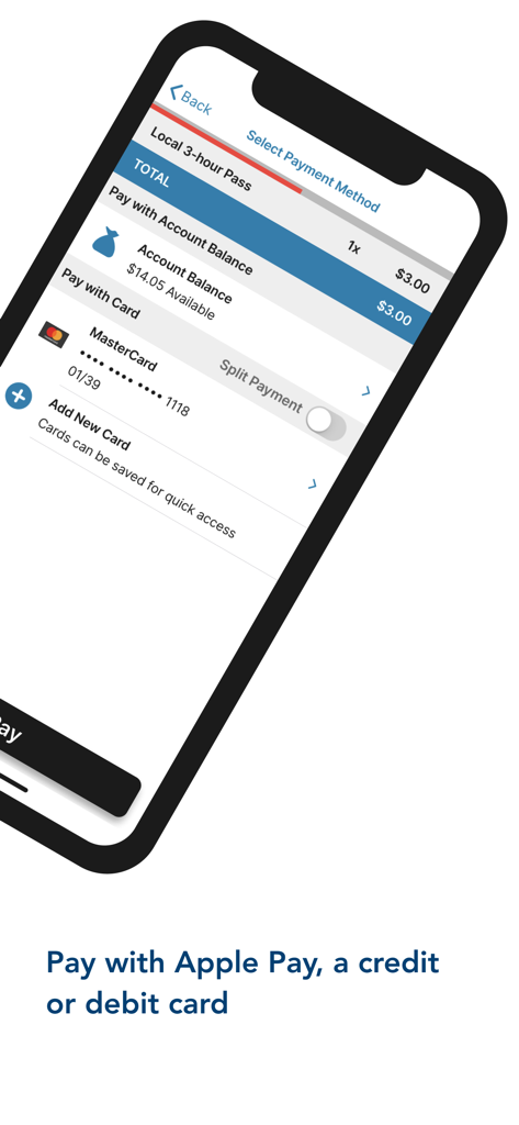RTD MyRide - RTD MyRide app payment selection screen showing account balance and credit card options for a transit pass