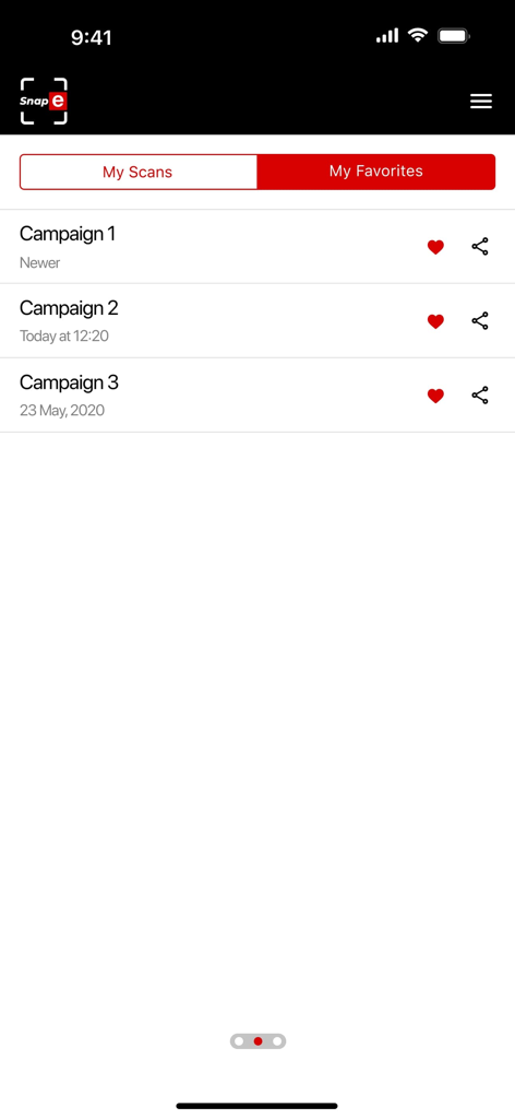 Interface do aplicativo Snap-e Scan mostrando uma lista de campanhas favoritas com ícones de coração e compartilhamento