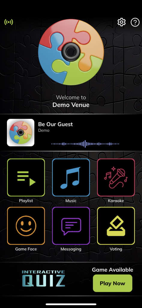 Jigsaw Interactive - Main menu of Jigsaw Interactive app showing music karaoke messaging and quiz options