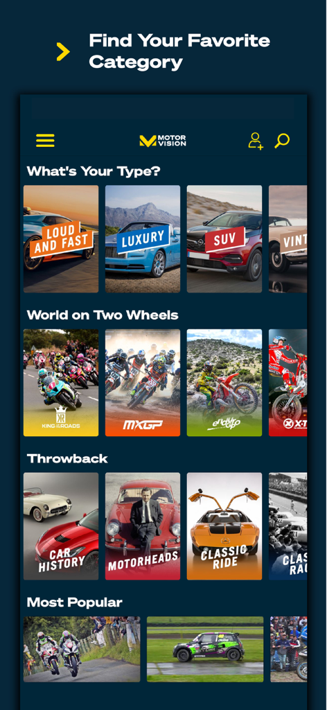 Motorvision | Live Streaming - Motorvision app interface showing various video categories for luxury cars SUVs motorcycles and classic racing