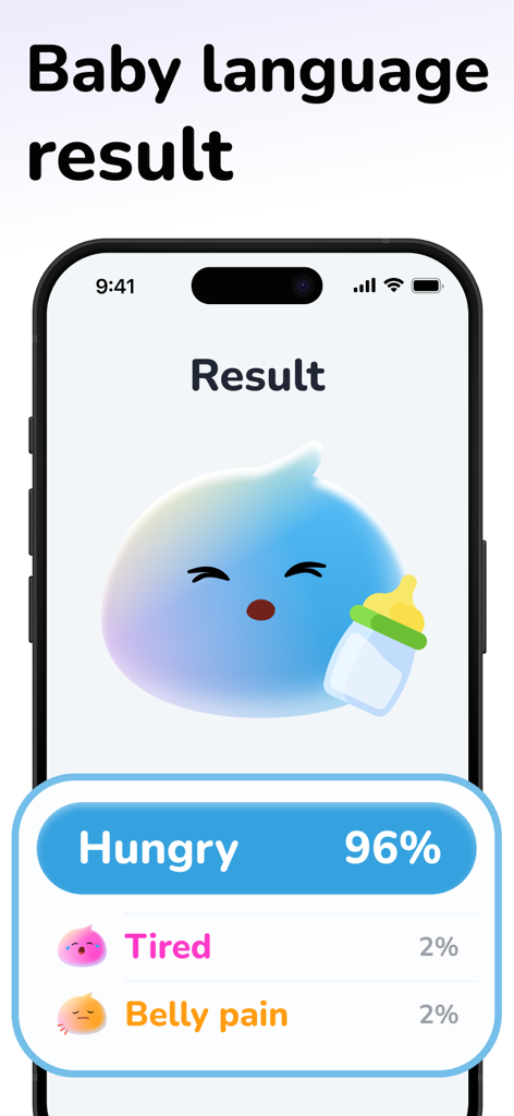 Cry Analyzer + Baby Translator - Interface do aplicativo AYA mostrando resultados de tradução de choro de bebê com noventa e seis por cento de análise de fome.