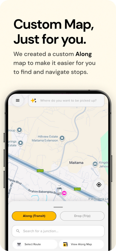 Una captura de pantalla de la interfaz de la aplicación Along que muestra su función de mapa personalizado para navegar el tránsito y reservar viajes en África.