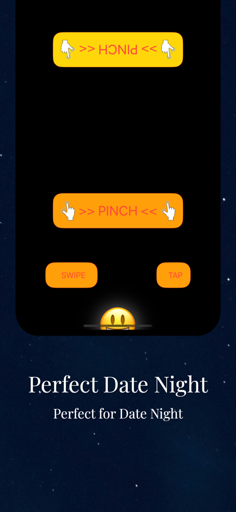 2 Players 1 Device: Tabletop - Screenshot of the 2 Players 1 Device Tabletop game showing interactive buttons for pinch swipe and tap actions with a perfect date night caption