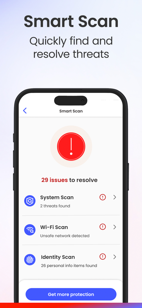 L'interface d'analyse intelligente de l'application McAfee affiche les problèmes de sécurité détectés dans les catégories Wi-Fi et identité du système.