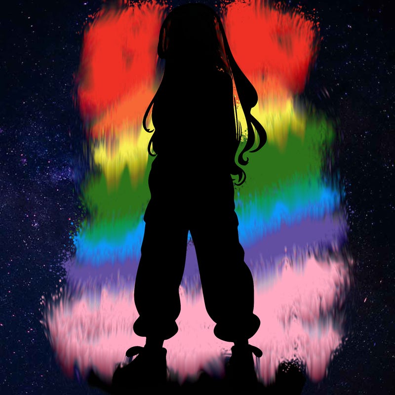 girl in baggy pants crop top and long hair